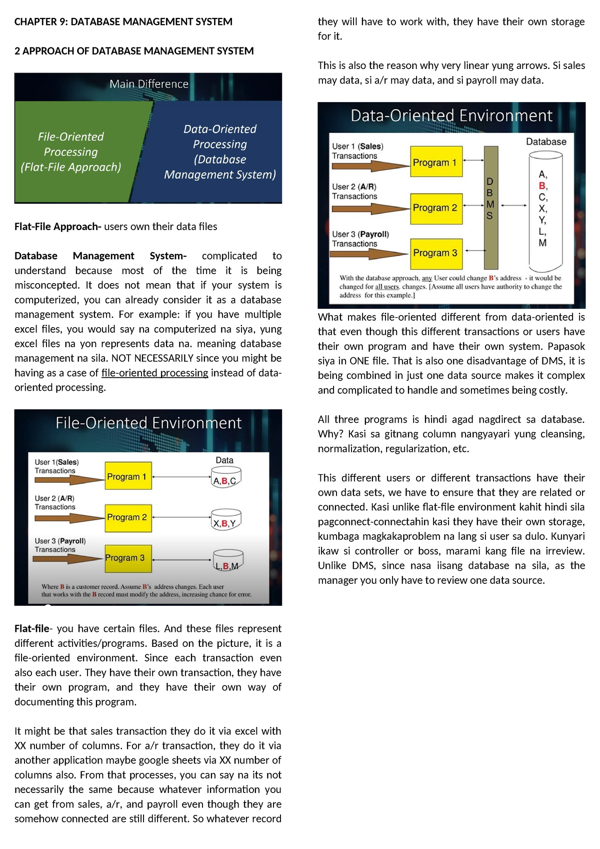 AIS Chapter 9 Notes - CHAPTER 9: DATABASE MANAGEMENT SYSTEM 2 APPROACH ...