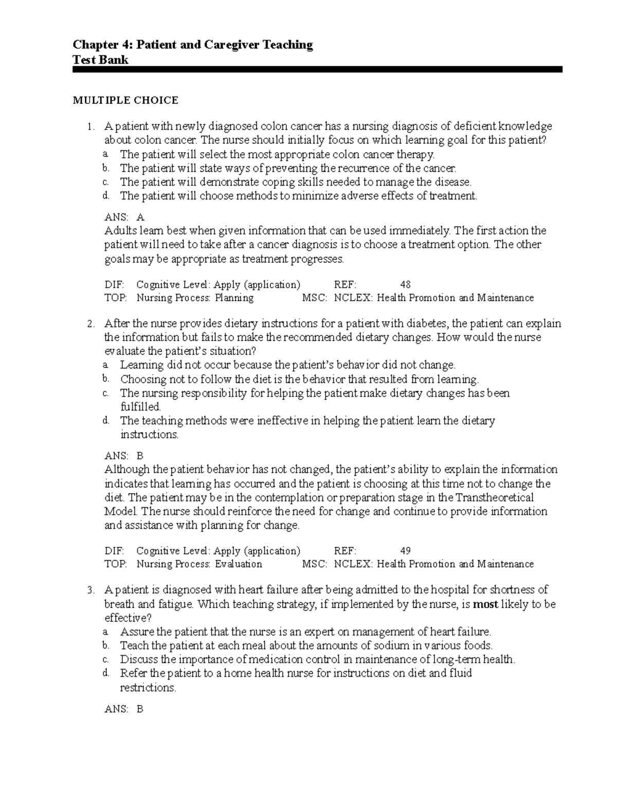 Ch4 - Practice Questions - Chapter 4: Patient And Caregiver Teaching ...