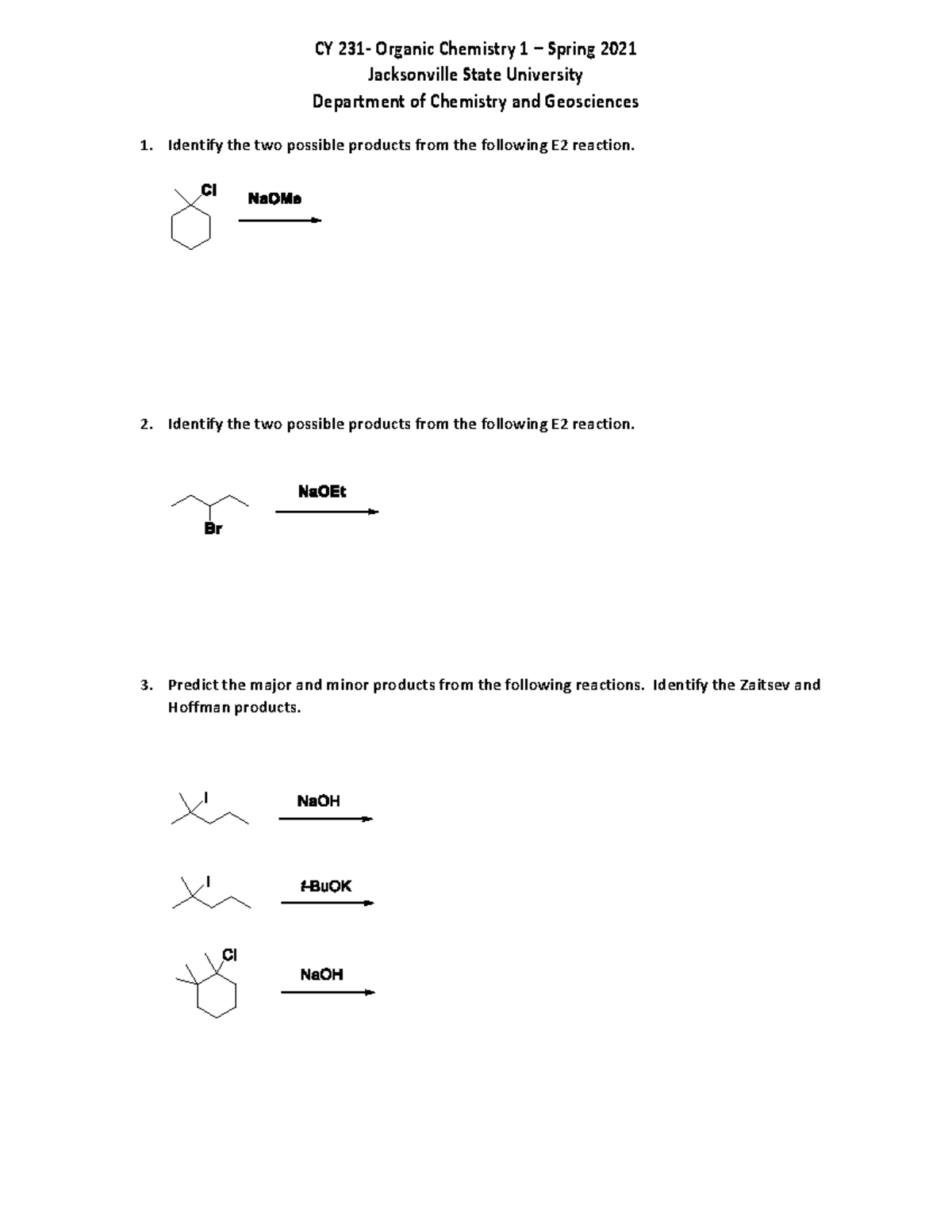 CY 231 CH 7 Practice Questions - CY 231- Organic Chemistry 1 – Spring ...
