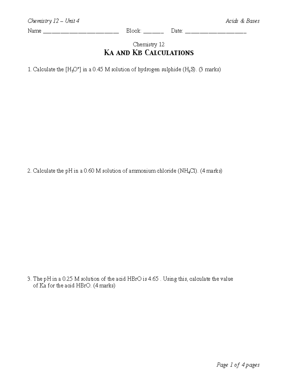 A9 - ka and kb calculations - Name __________________________ Block ...