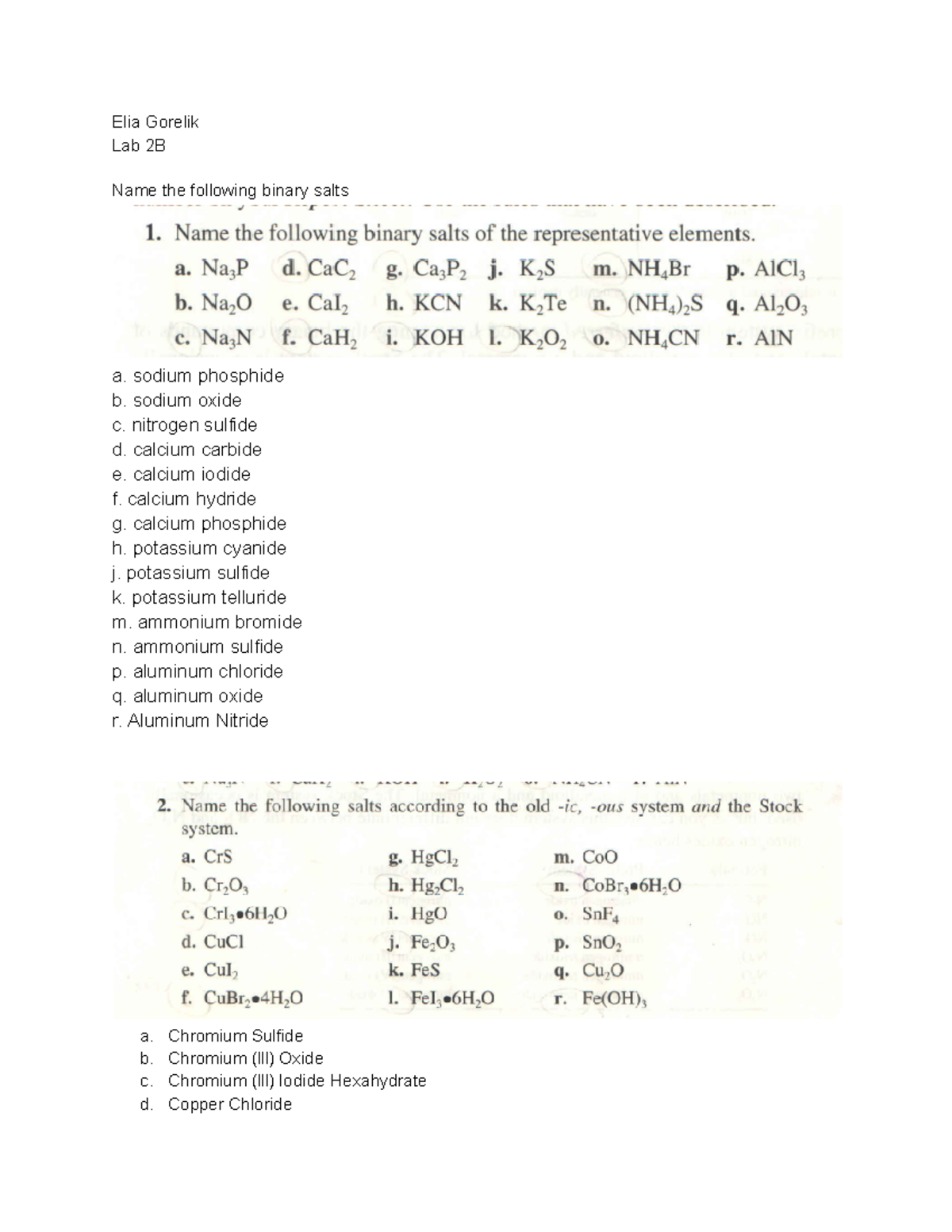 Chem lab 2B - chem lab 2b - Elia Gorelik Lab 2B Name the following ...