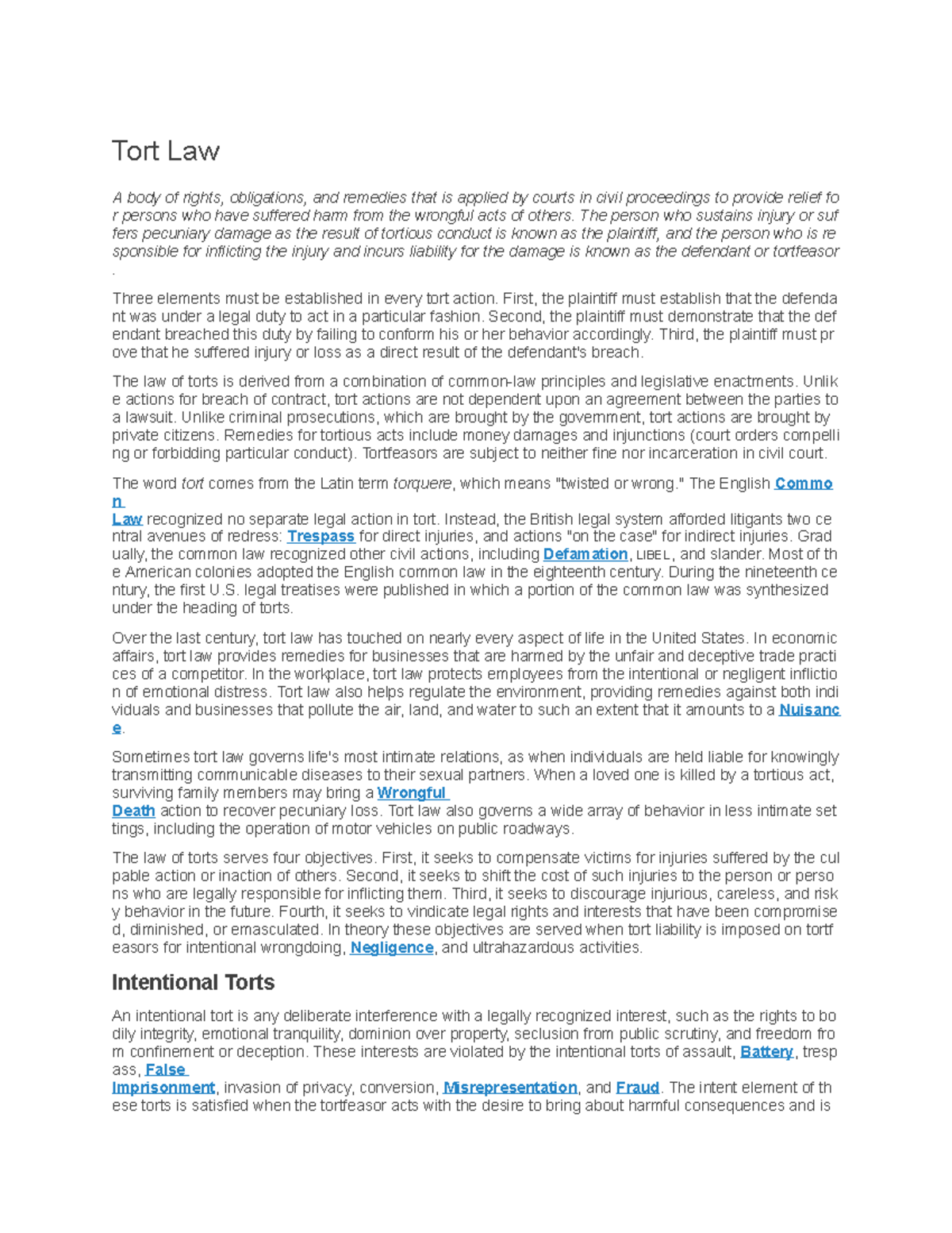 Tort law - class work - Tort Law A body of rights, obligations, and ...