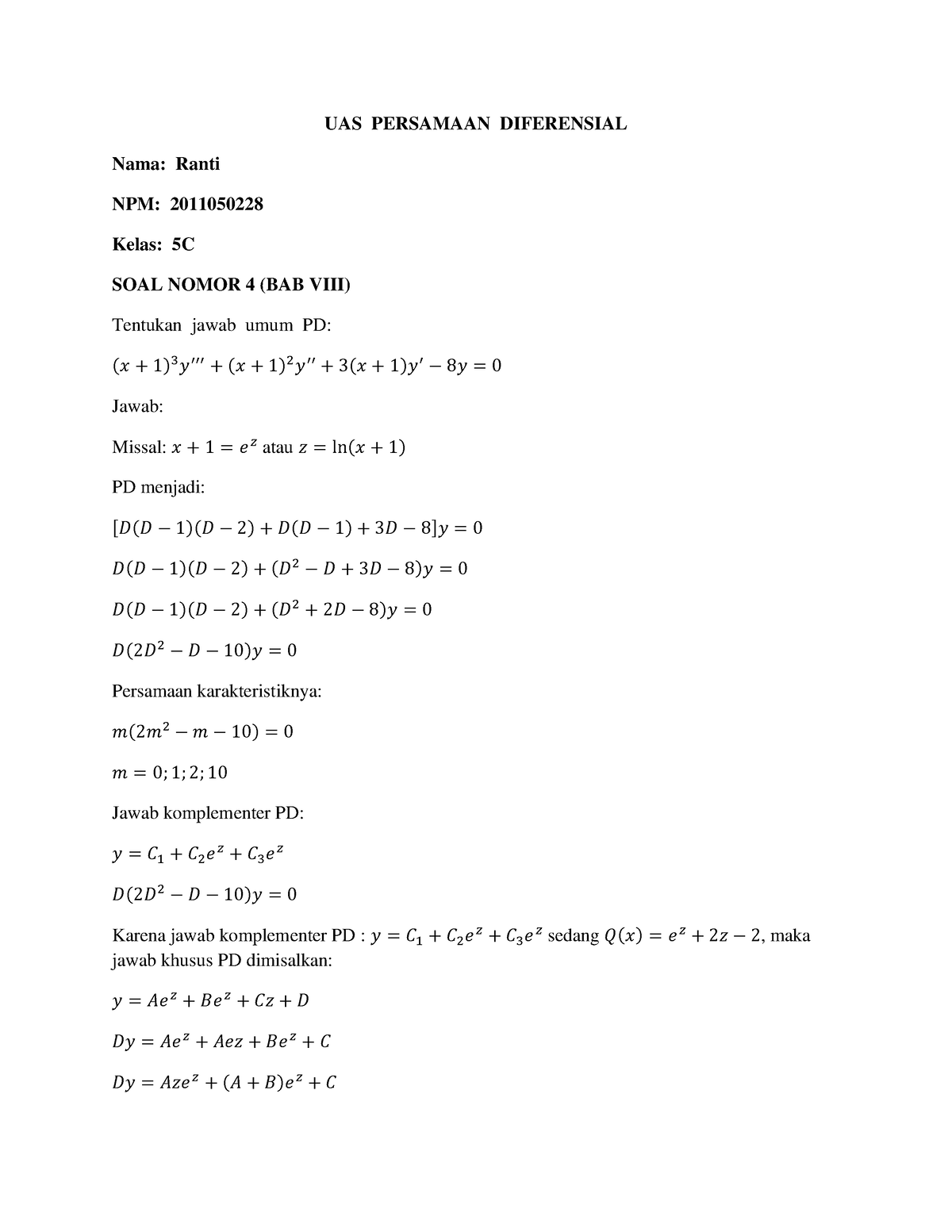 PD BAB VIII - Tugas Individu - UAS PERSAMAAN DIFERENSIAL Nama: Ranti ...