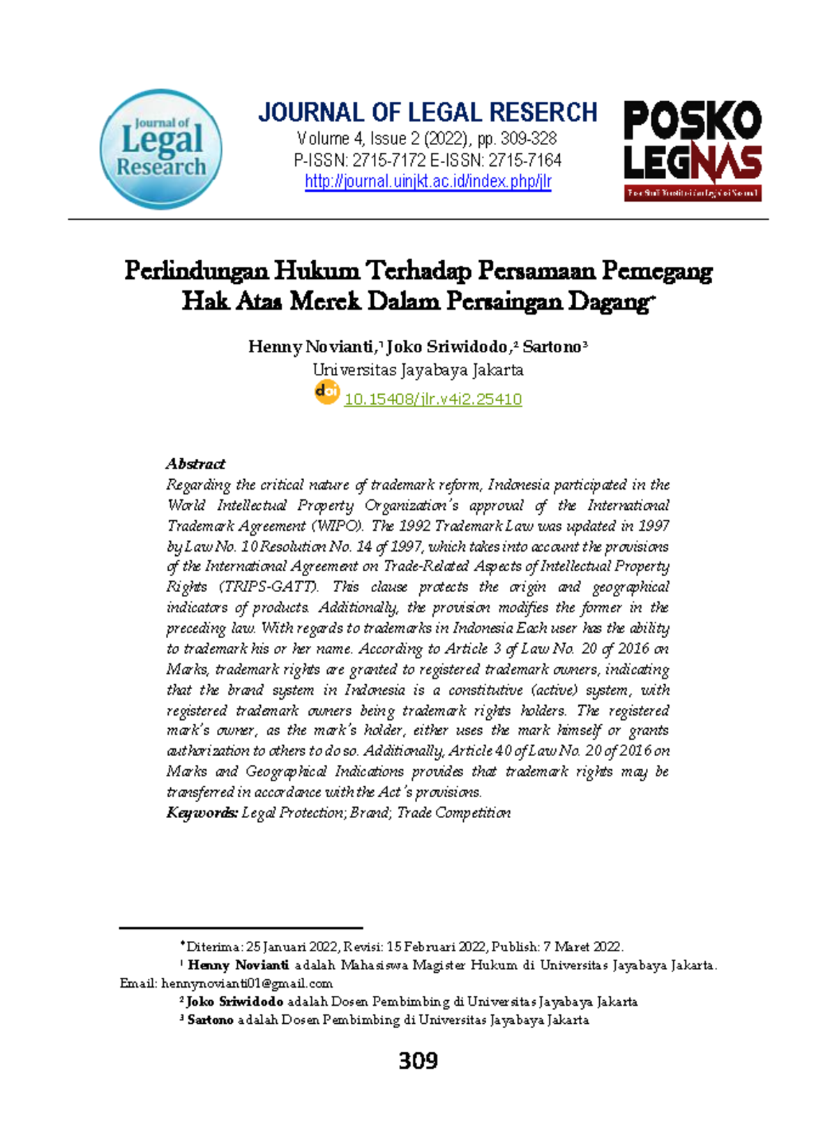 Perlindungan Hukum Terhadap Persamaan Pemegang HAK ATAS Merek Dalam ...