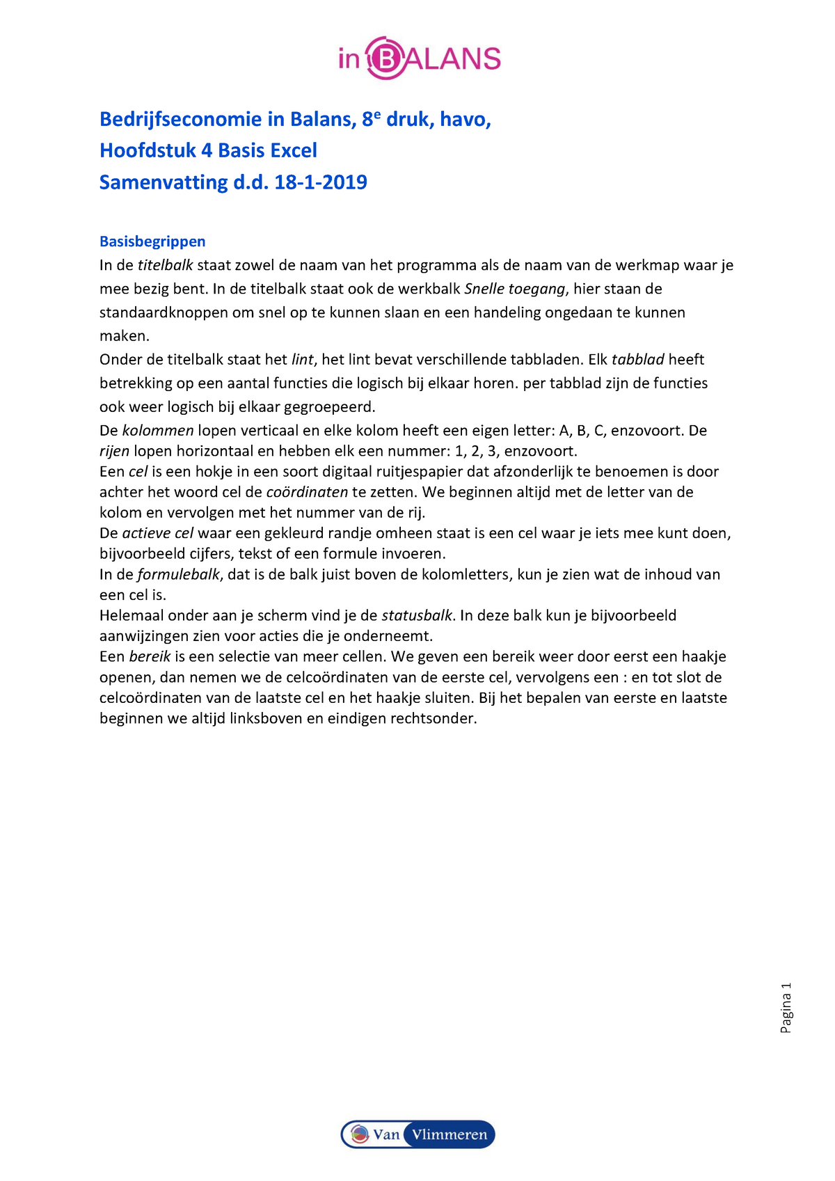 B-E In Balans, 8e Druk, Havo, 4 Basis Excel - Samenvatting - Pagina 1 ...