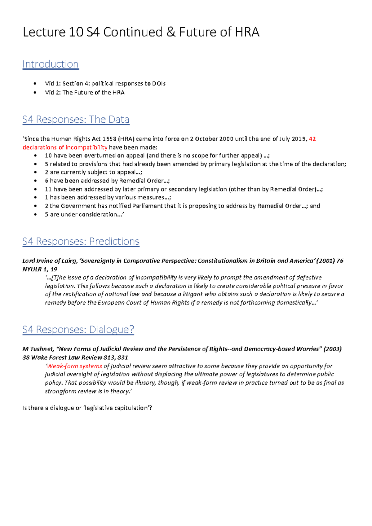 Section 4 Continued and Future of Human Rights Act Lecture 10 notes ...