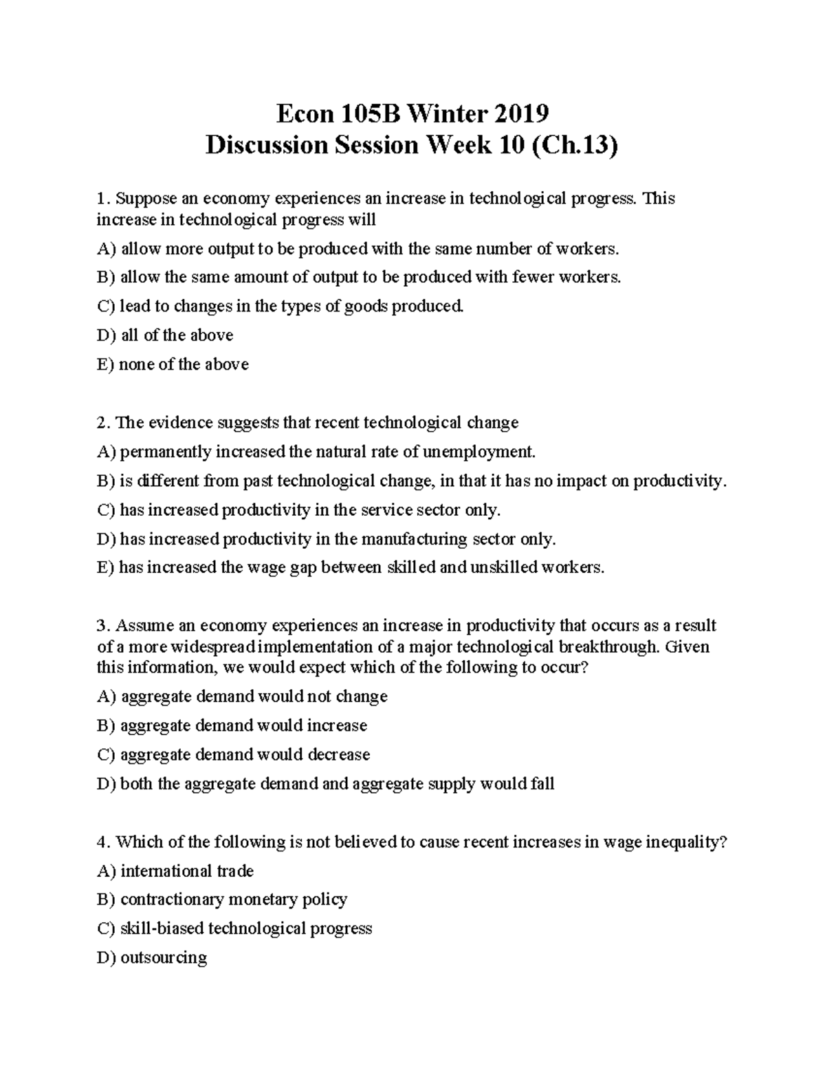 Discussion Week 10 - Econ 105B Winter 2019 Discussion Session Week 10 ...