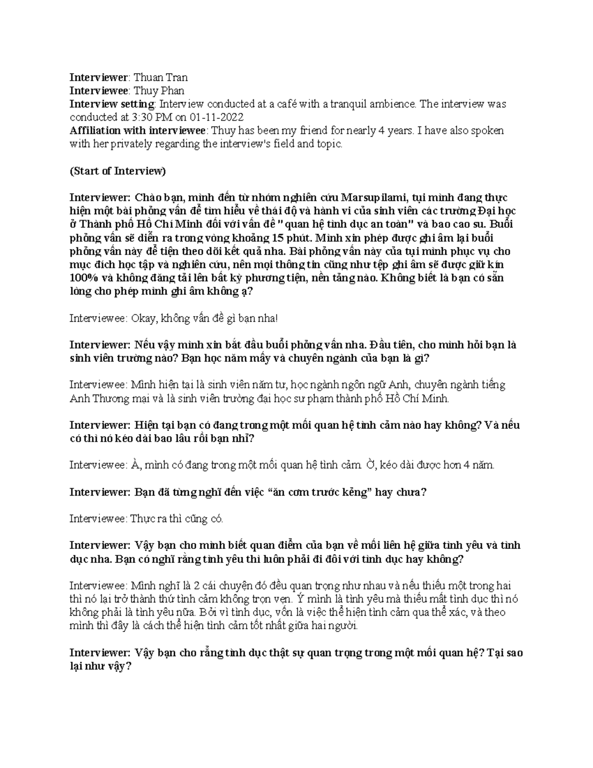 Transcript for Business Research - Interviewer: Thuan Tran Interviewee ...