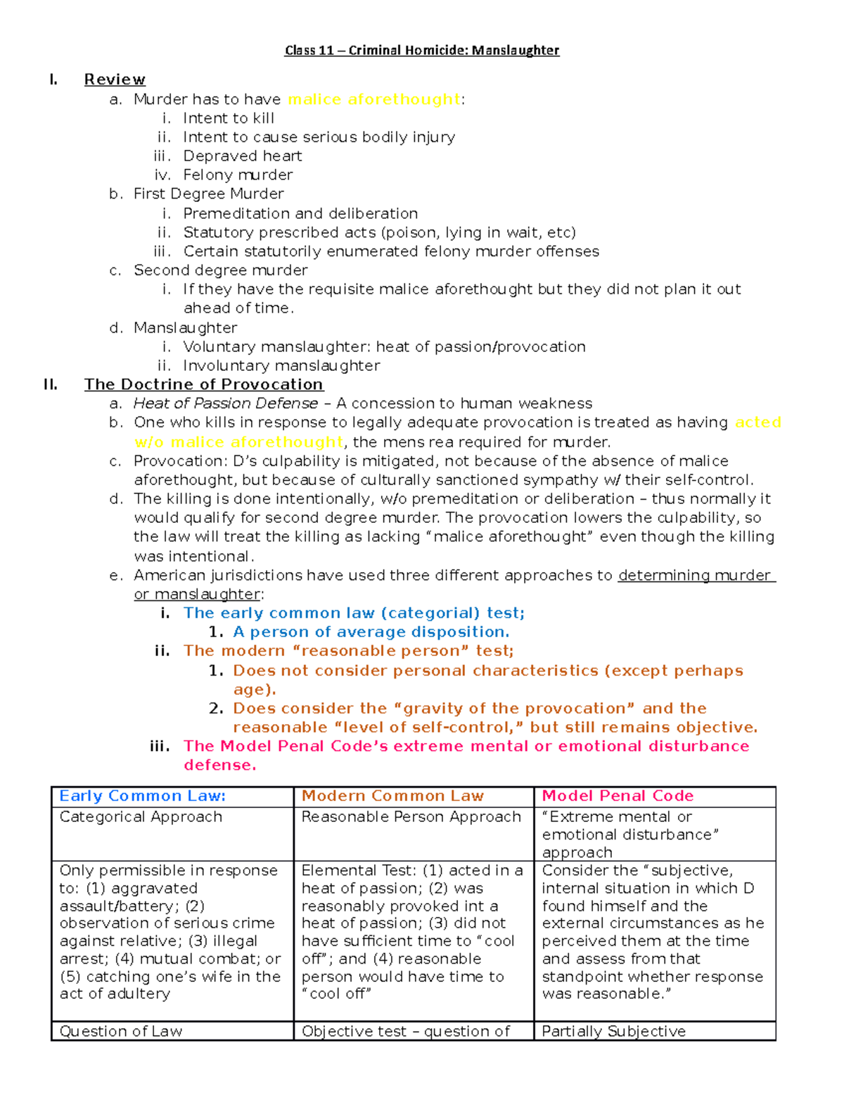 Criminal Homicide - Manslaughter - Review a. Murder has to have malice ...