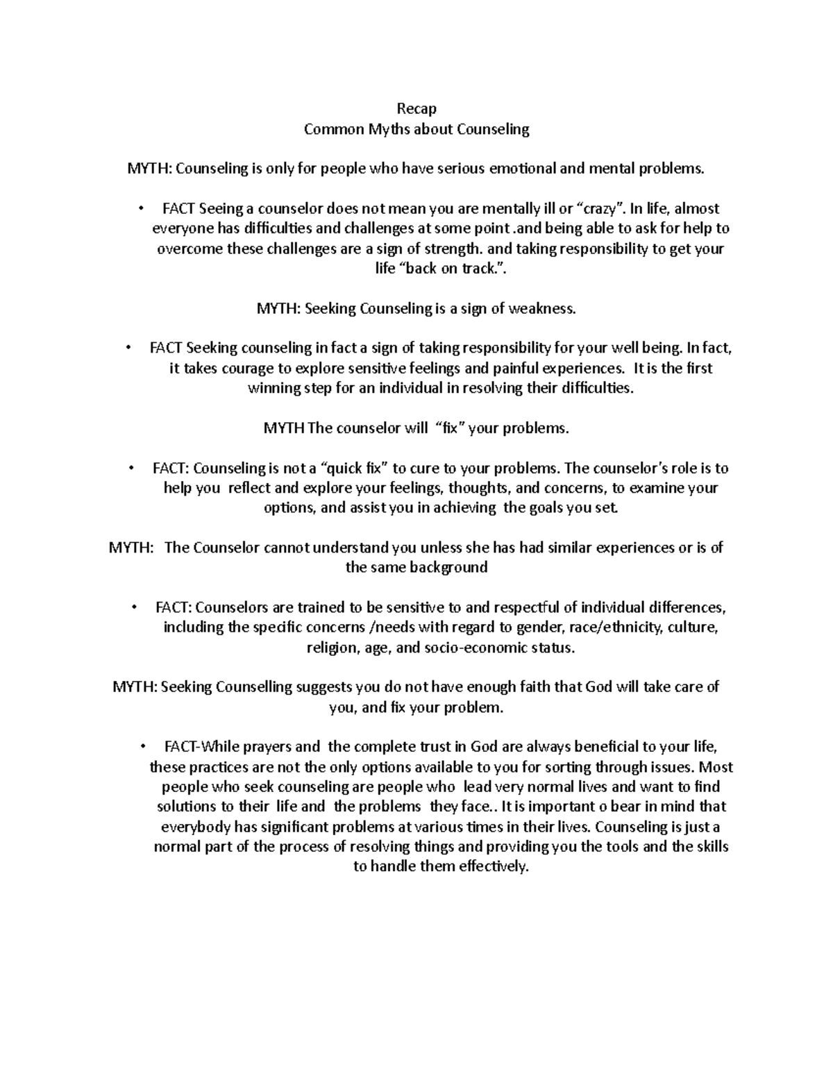 Counseling Facts and Myths - Recap Common Myths about Counseling MYTH ...