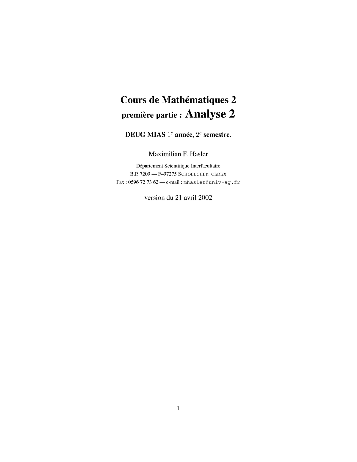 Cours De Mathematiques - Cours De Math ́ematiques 2 Premi`ere Partie ...