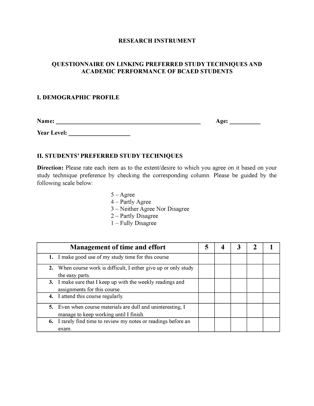 Research Instrument - None - Research Instrument Questionnaire On 