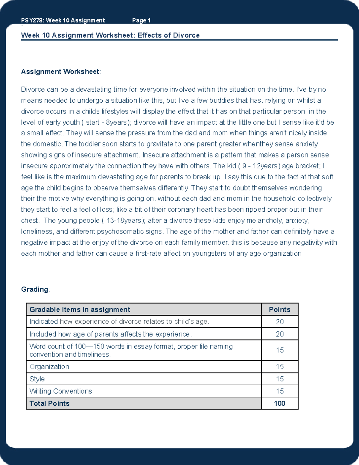 PSY278H Wk10 Assignment - PSY278: Week 10 Assignment Page 1 ` Week 10 ...