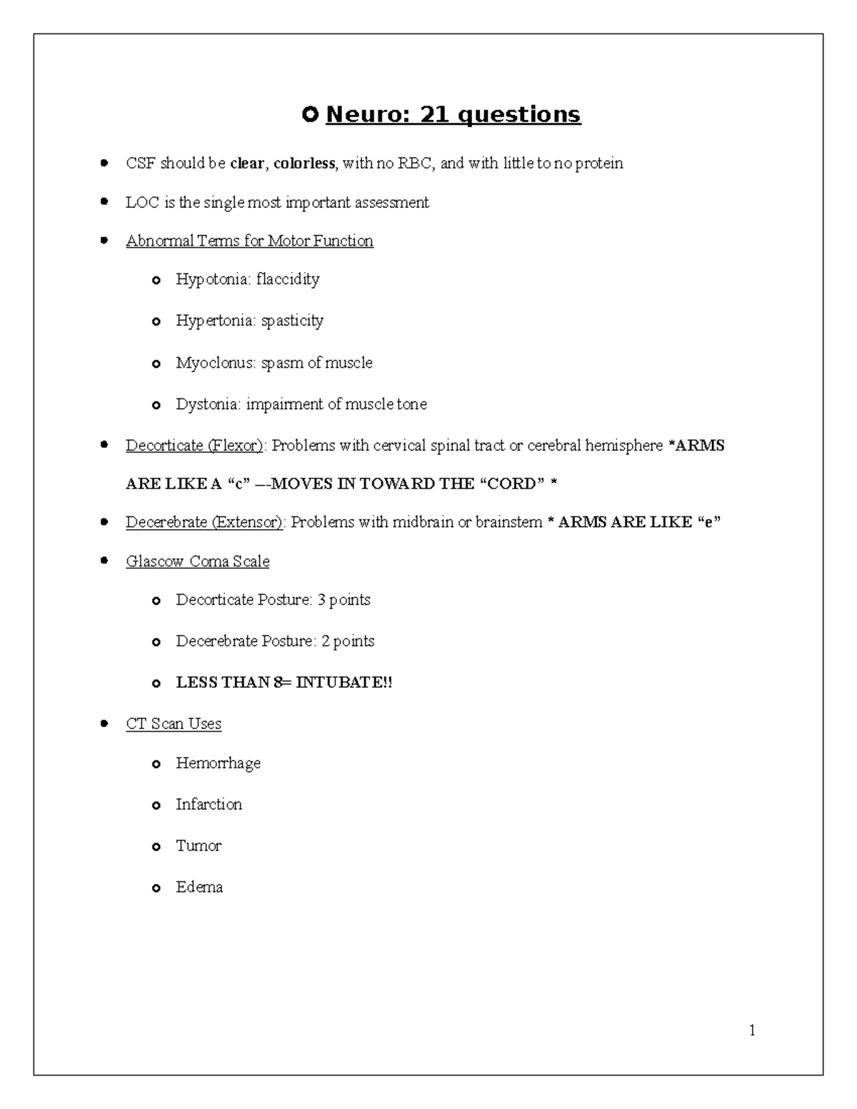 Final Exam Review - Neuro: 21 questions CSF should be clear, colorless ...