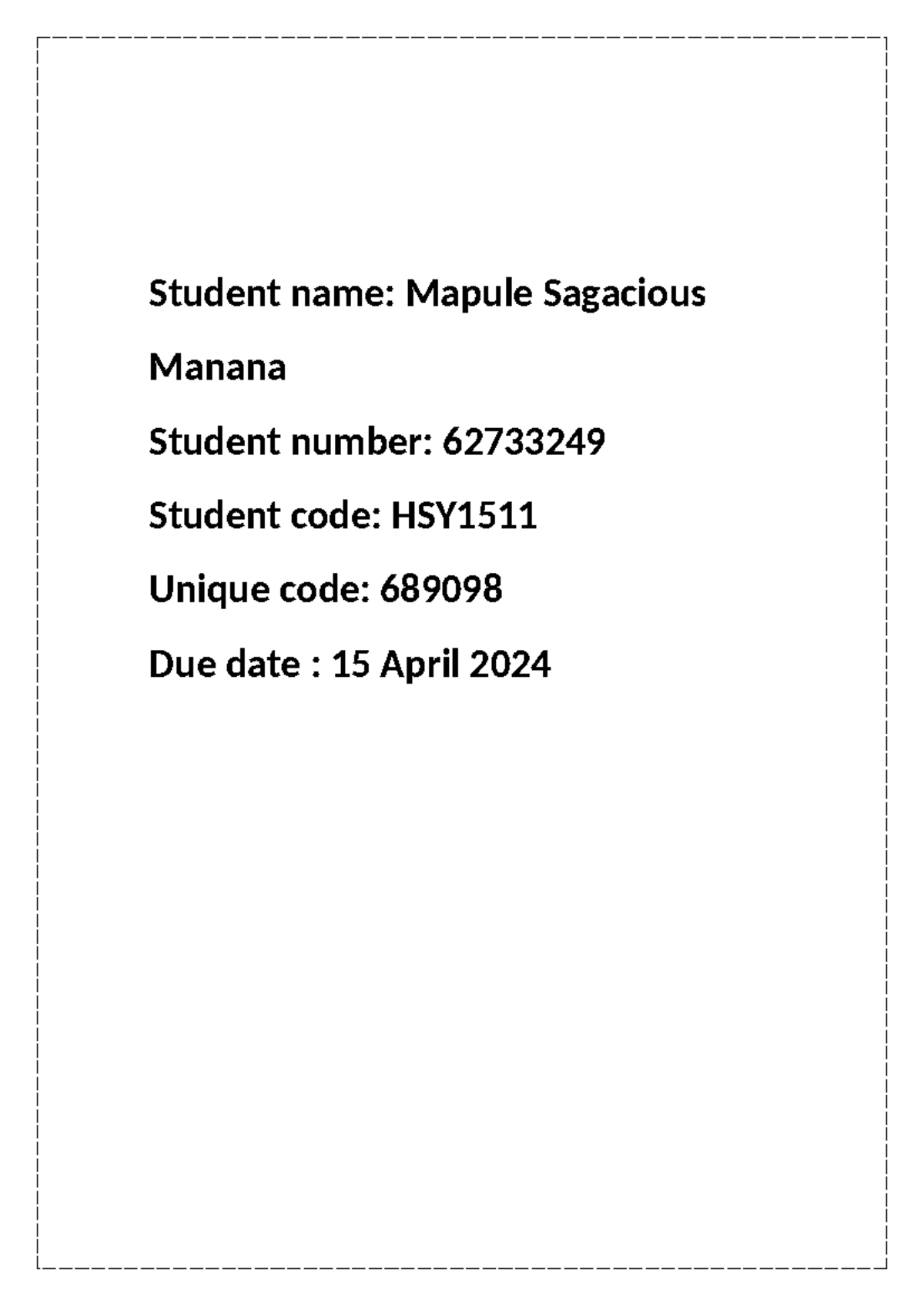 HSY1511 Assignment 3 S1 2024 - Student name: Mapule Sagacious Manana ...