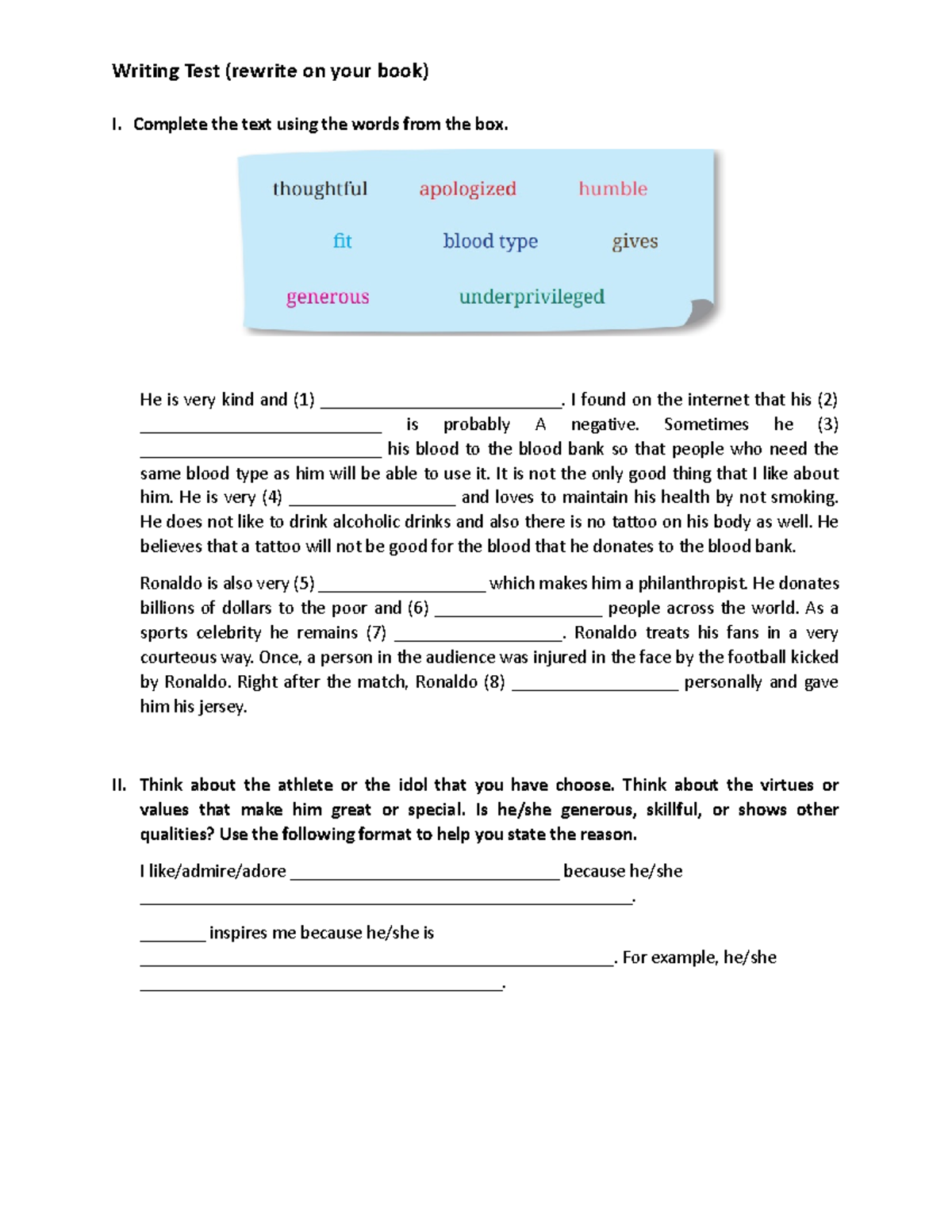 Writing Descriptive Text - Writing Test (rewrite on your book) I ...