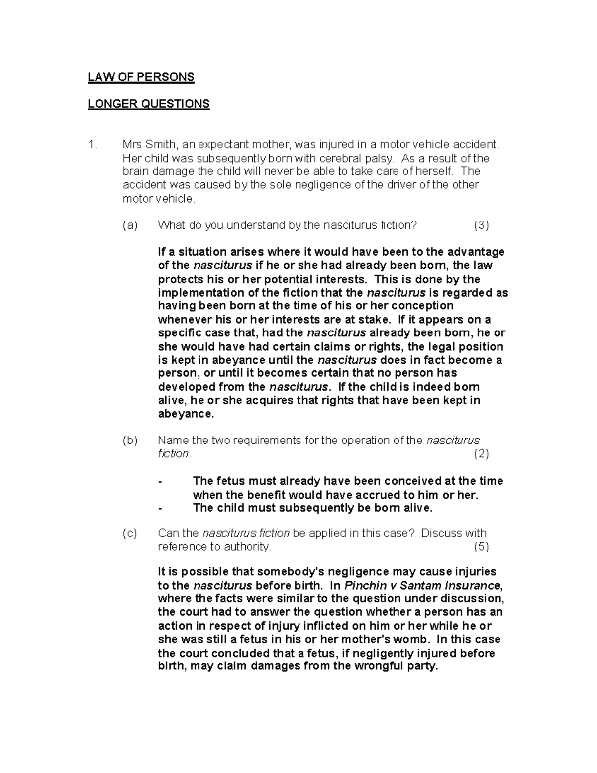 THE Nasciturus Fiction - LAW OF PERSONS LONGER QUESTIONS Mrs Smith, an ...