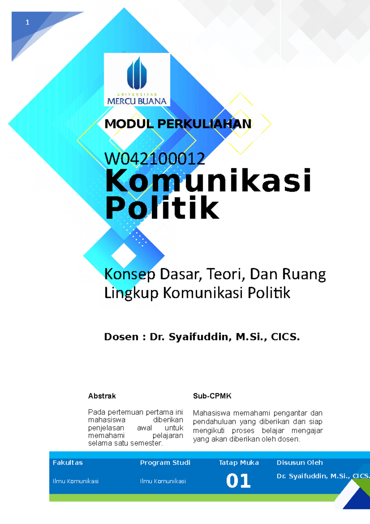 Komunikasi Politik - Modul 1 ( Vania) - 1 MODUL PERKULIAHAN W ...