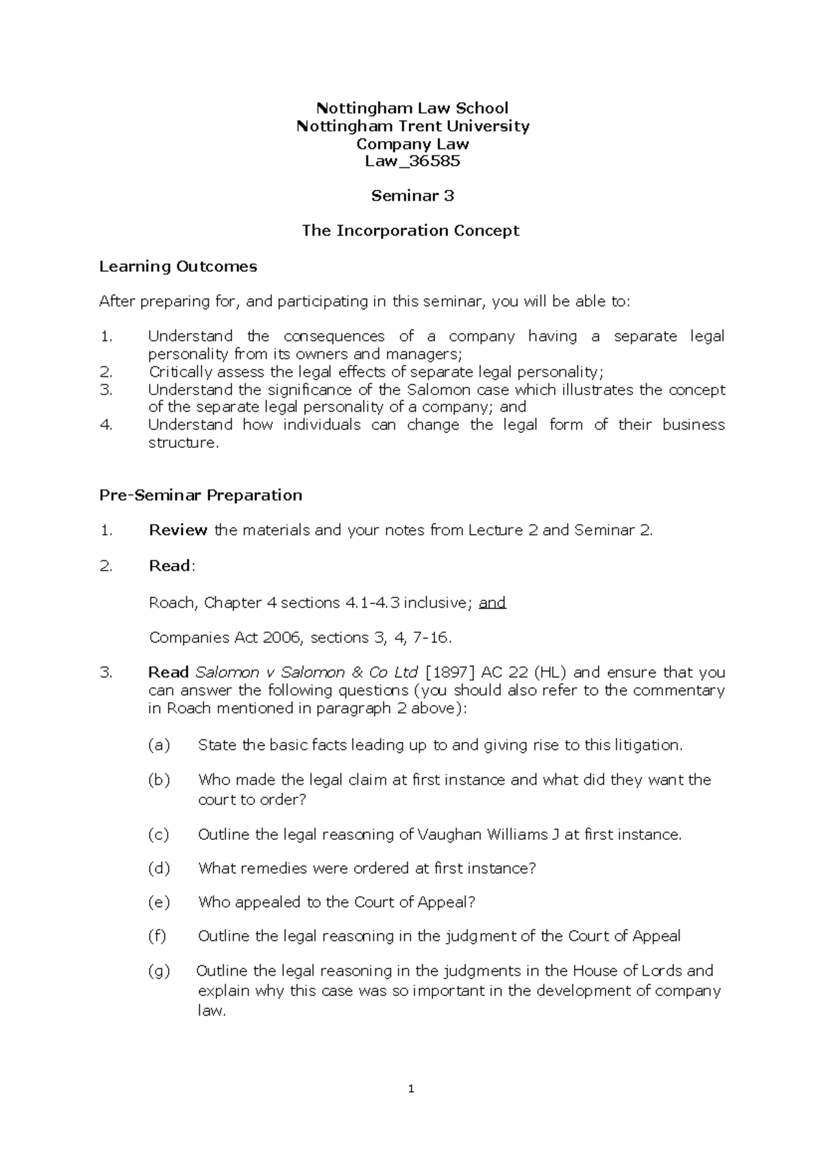 Seminar 3 Worksheet The Incorporation Concept Nottingham Law School