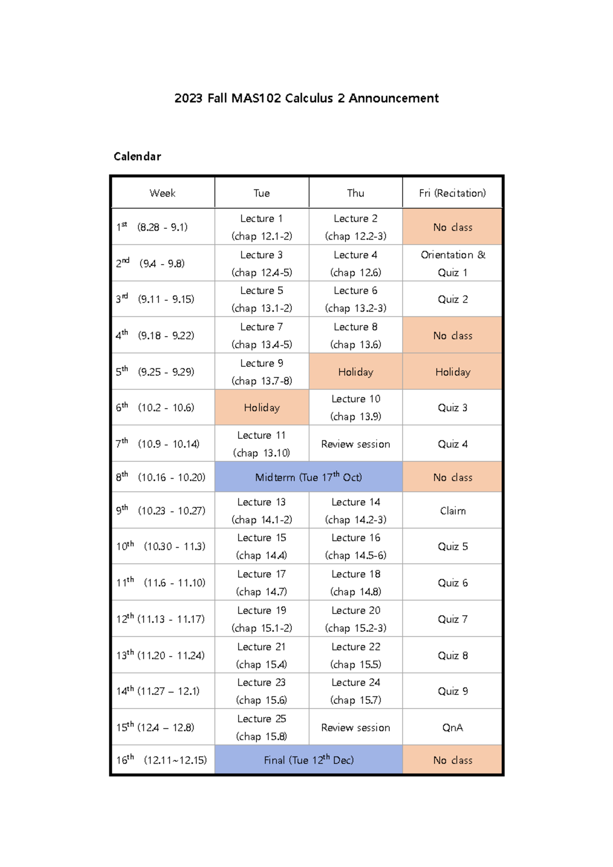 Calculus1 Syllabus - 2023 Fall MAS 102 Calculus 2 Announcement Calendar ...