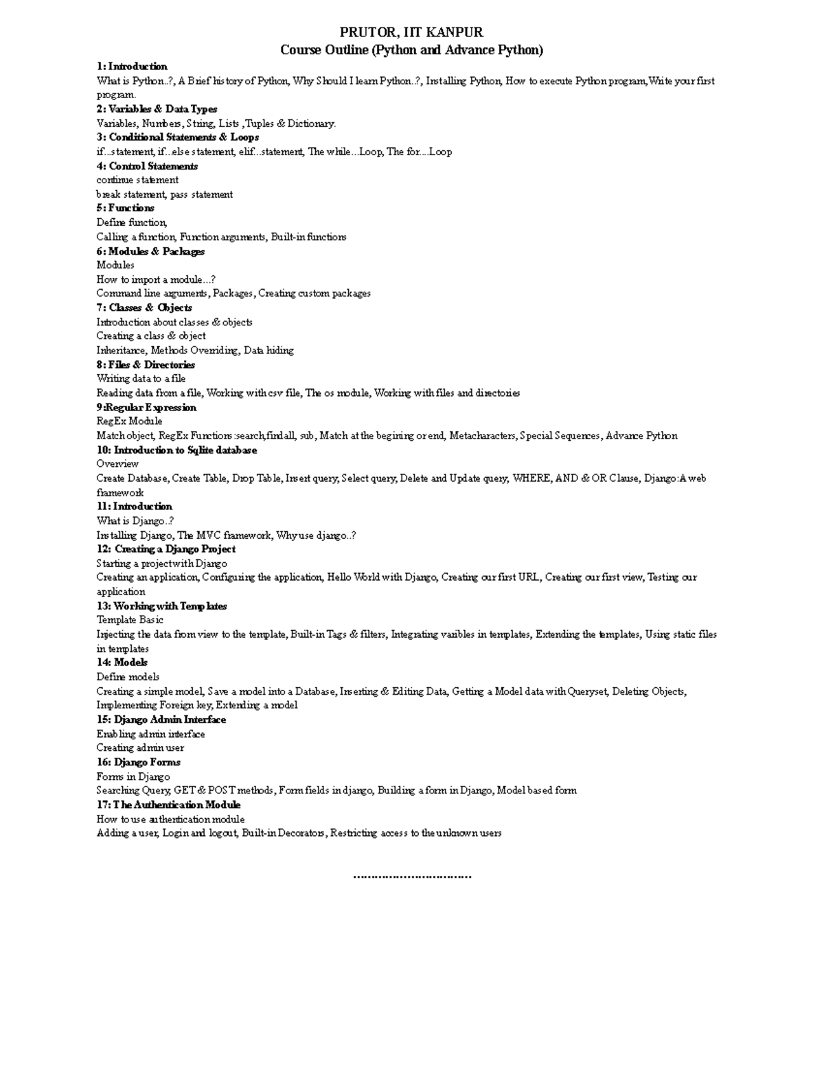 Python AND Advance Python - PRUTOR, IIT KANPUR Course Outline (Python ...