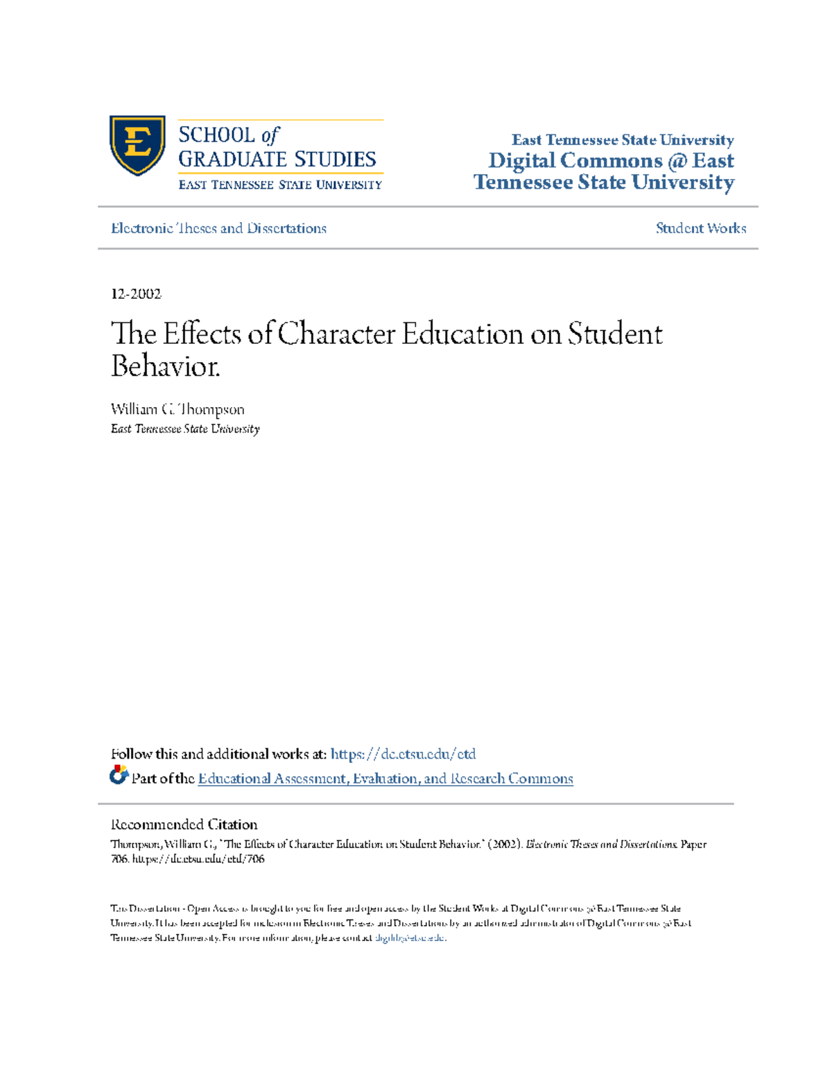 The Effects of Character Education on Student Behavior. - William G ...