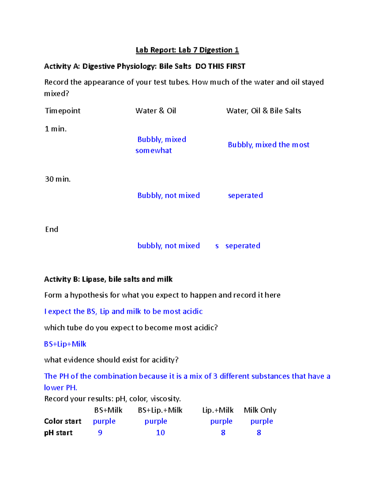 Lab 7 Blank Answer sheet for digestion I - Lab Report: Lab 7 Digestion ...