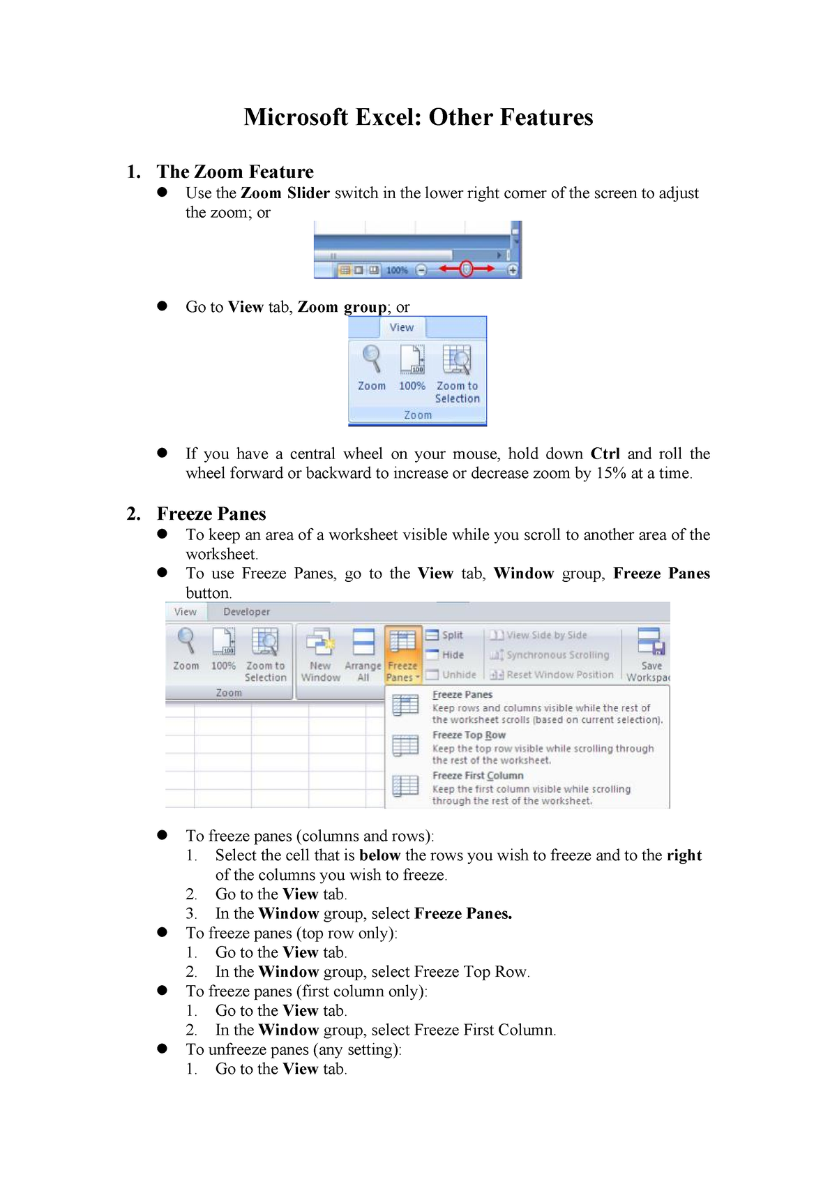 Microsoft Excel - Other Features - The Zoom Feature Use the Zoom Slider ...