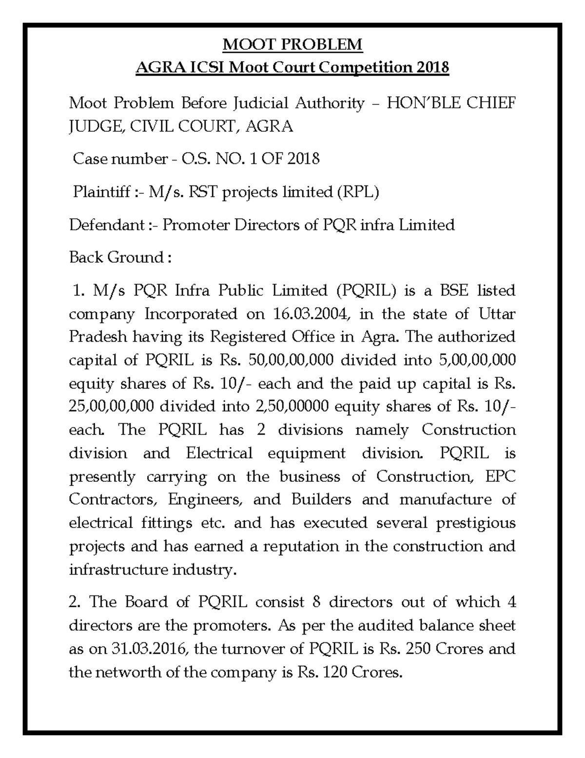 Moot Problem agra 2018 AGRA ICSI Moot Court Competition 2018 Moot