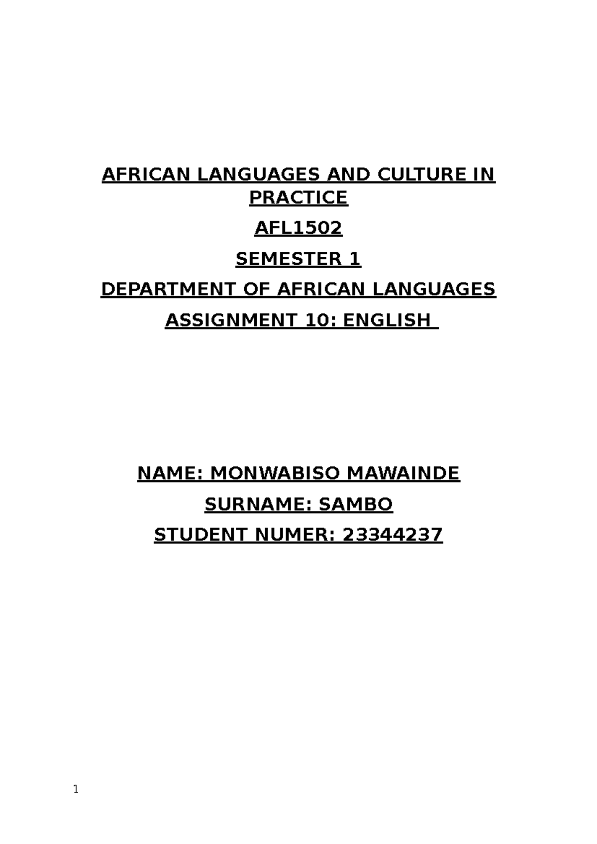African Languages AND Culture IN Practice - AFL1501 - AFRICAN LANGUAGES ...