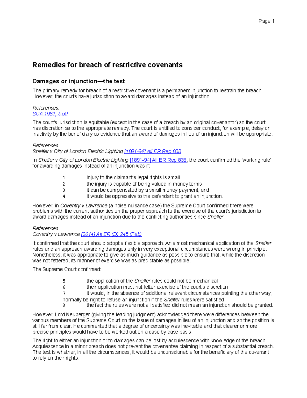 'Remedies for breach of restrictive covenants' Page 1 Remedies for