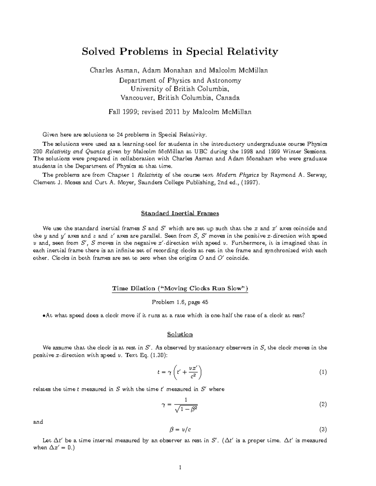 Relativity Notes - Solved Problems in Special Relativity Charles Asman ...