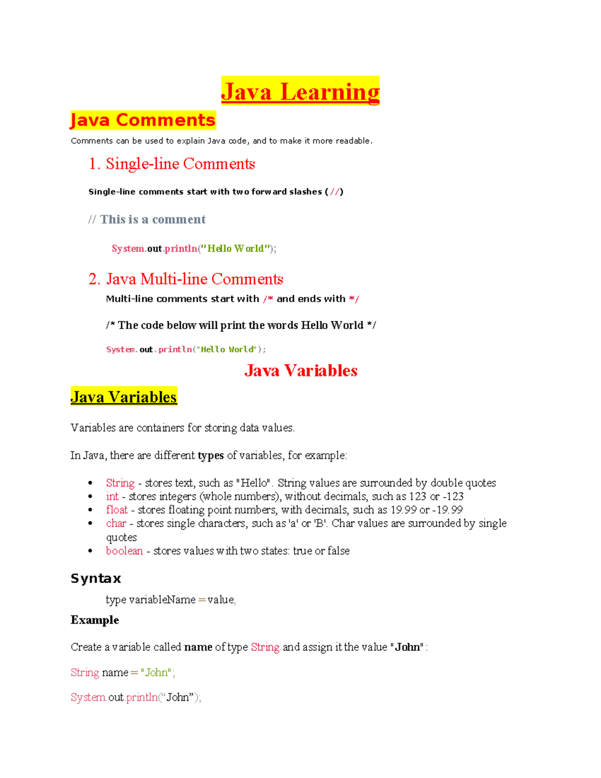 Java full learning - Like - Java Learning Java Comments Comments can be ...