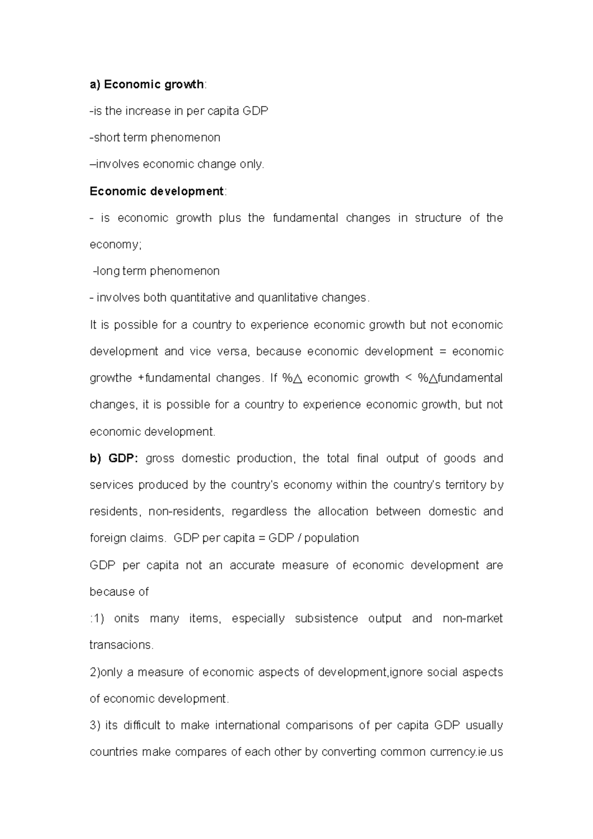 Midterm exam 1 March 2015, questions and answers - a) Economic growth ...