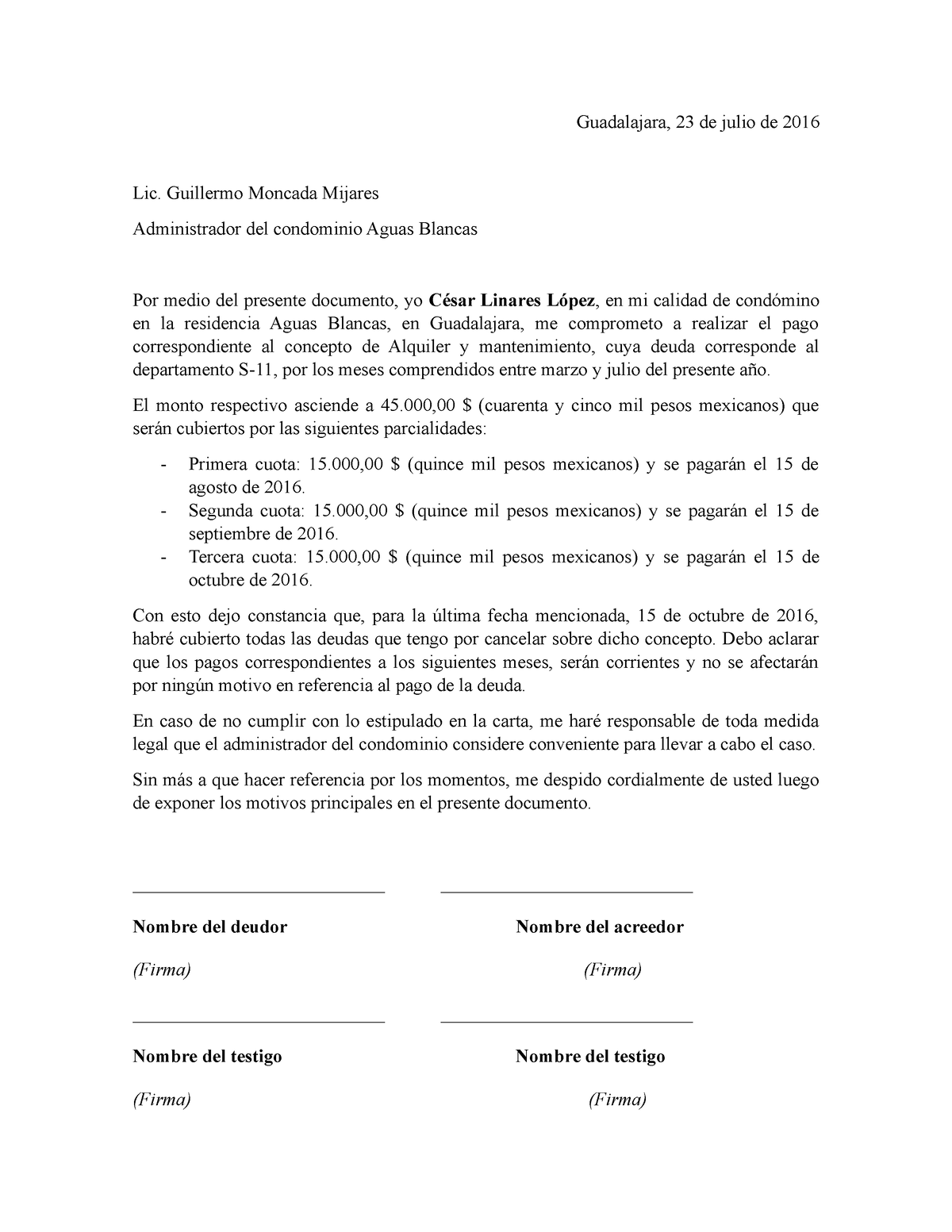 Ejemplo de carta compromiso de pago de alquiler - Guadalajara, 23 de julio  de 2016 Lic. Guillermo - Studocu