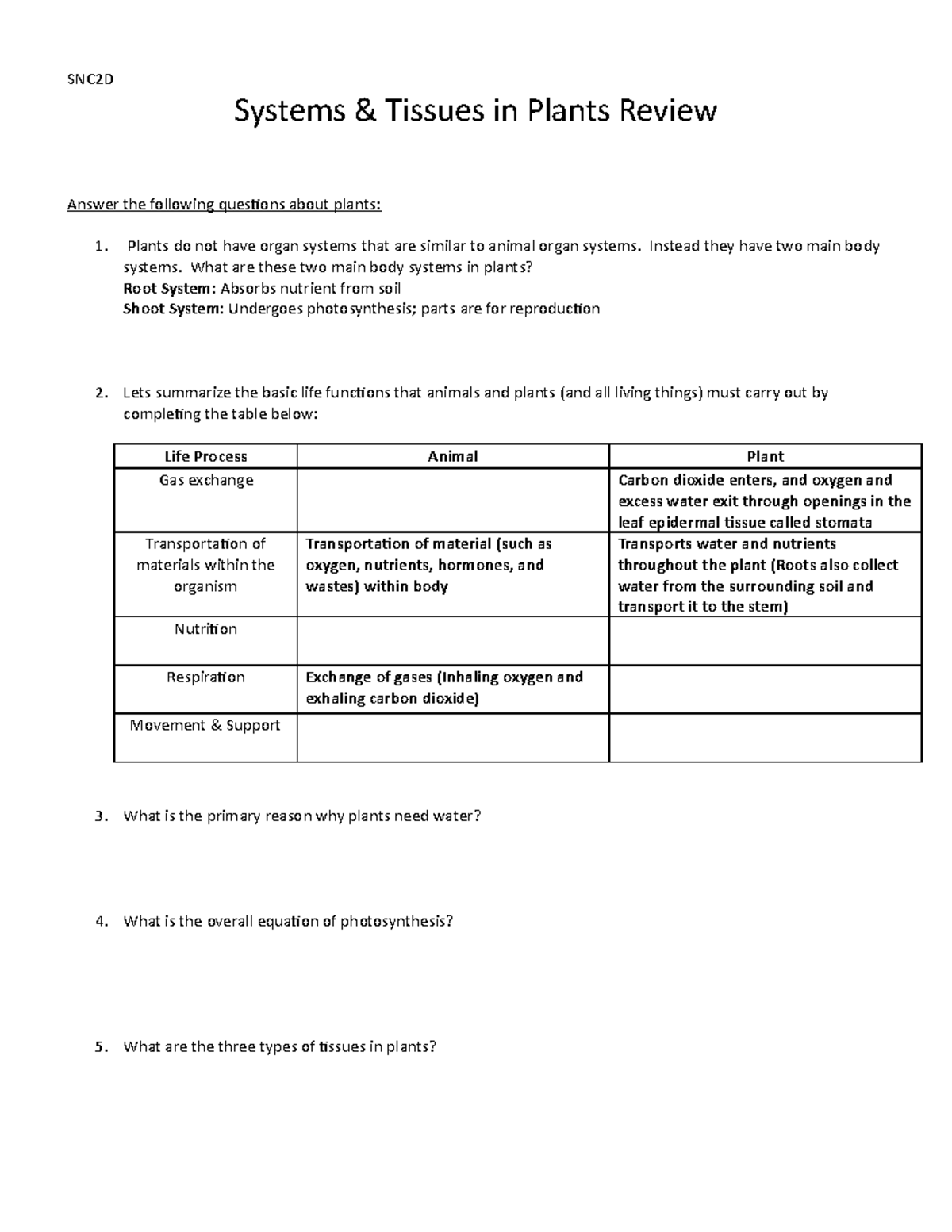 20 Systems Tissues in Plants Questions SNC2D Systems & Tissues in