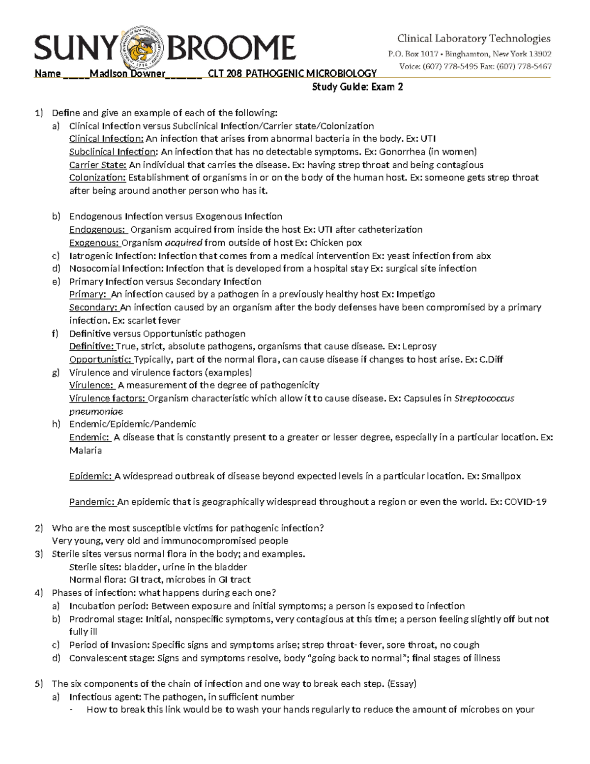 Micro exam 2 Study Guide - Name Madison Downer__ CLT 208 PATHOGENIC ...