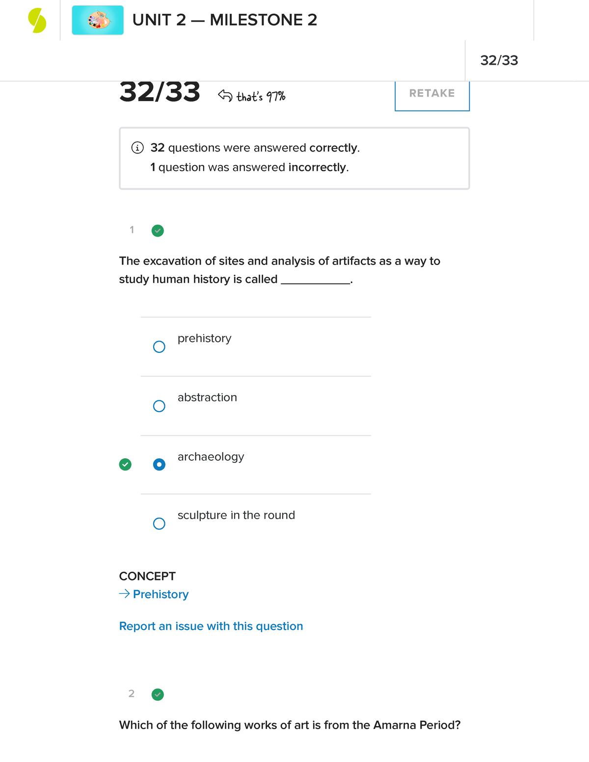 Sophia Unit 2 Milestone 2 Art History - 1 CONCEPT → Prehistory 2 32 / ...