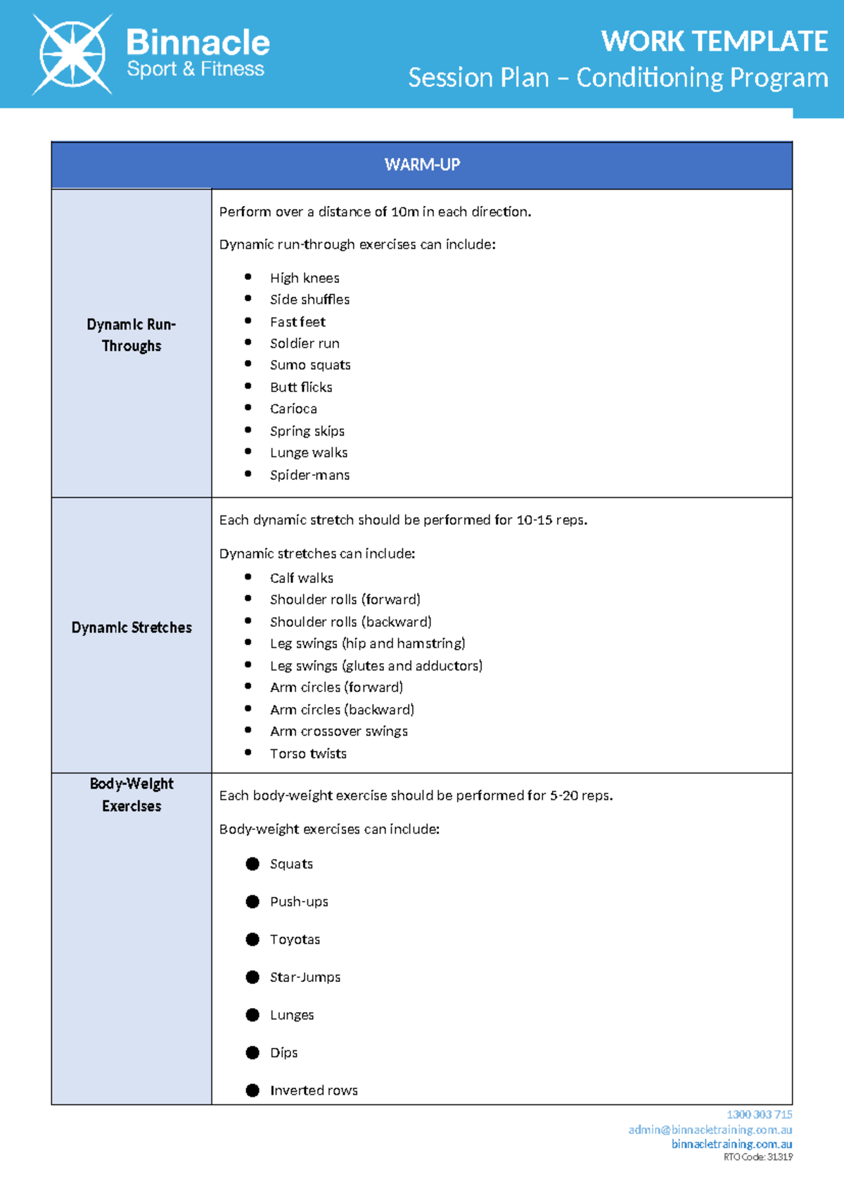 Session Plan - Conditioning Program - Session#2 - WORK TEMPLATE Session ...