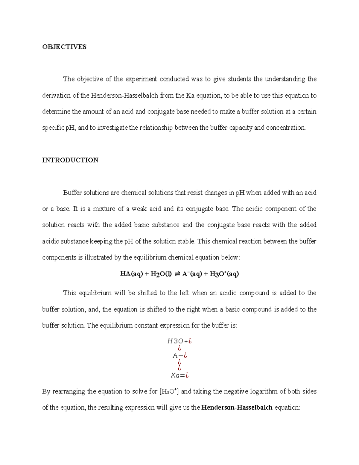 Buffers Lab Report Objectives The Objective Of The Experiment