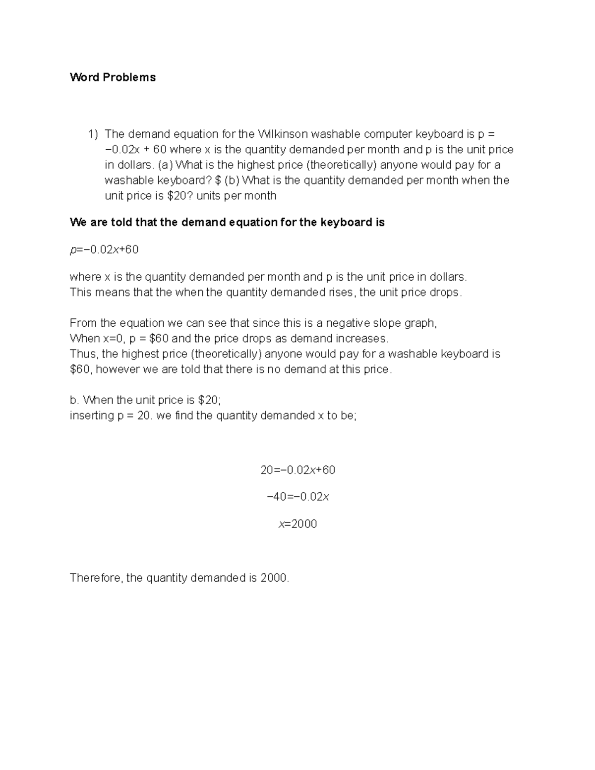 Word problem notes - prof jamal amro - Word Problems The demand ...