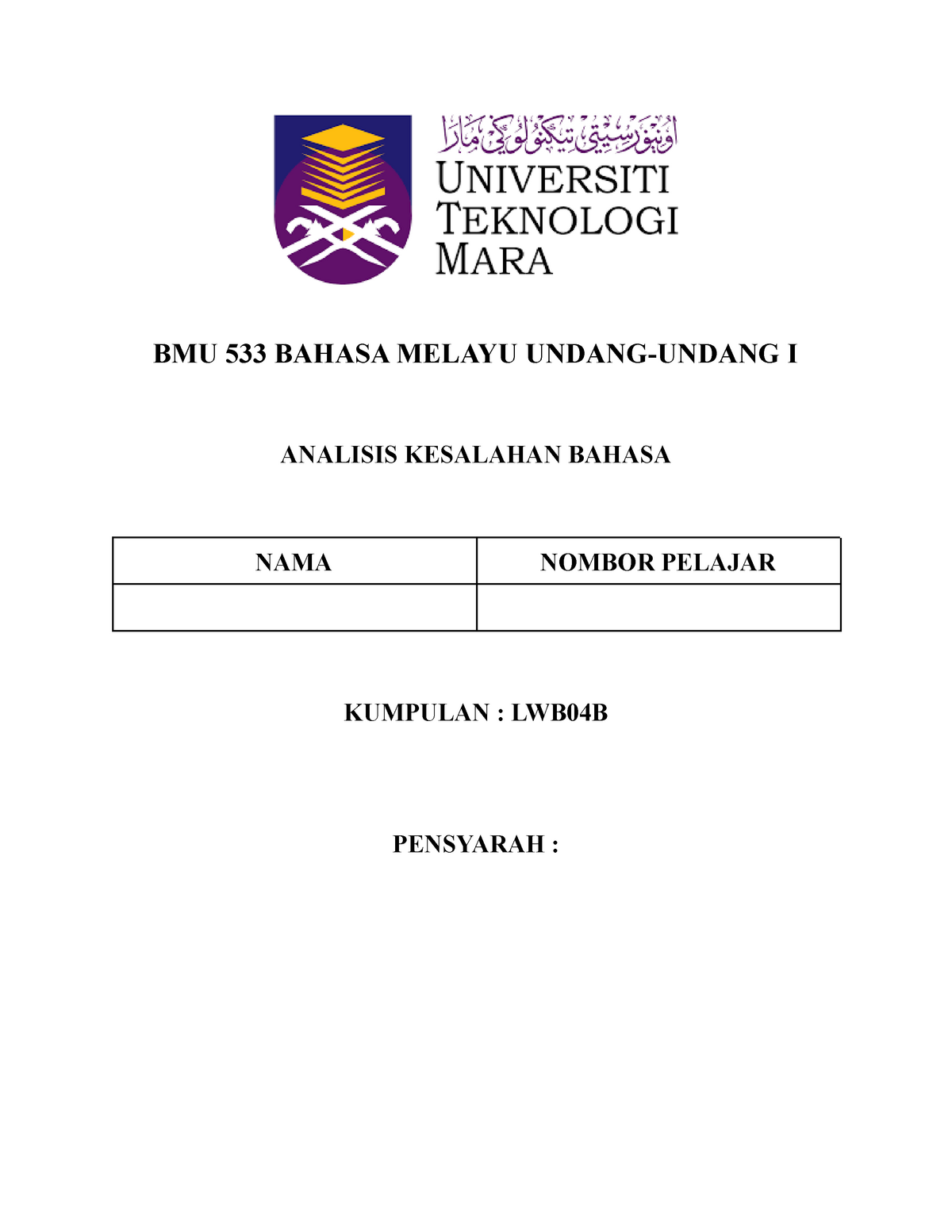 Analisis Kesalahan Bahasa Bmu 533 Uitm Studocu