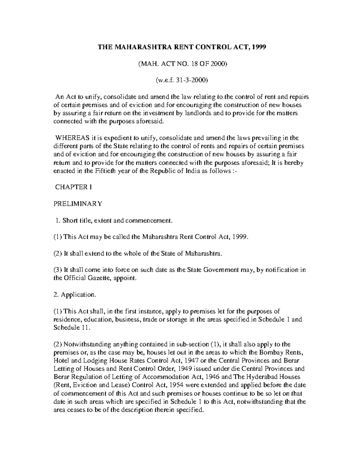 THE Maharashtra RENT Control ACT THE MAHARASHTRA RENT CONTROL ACT