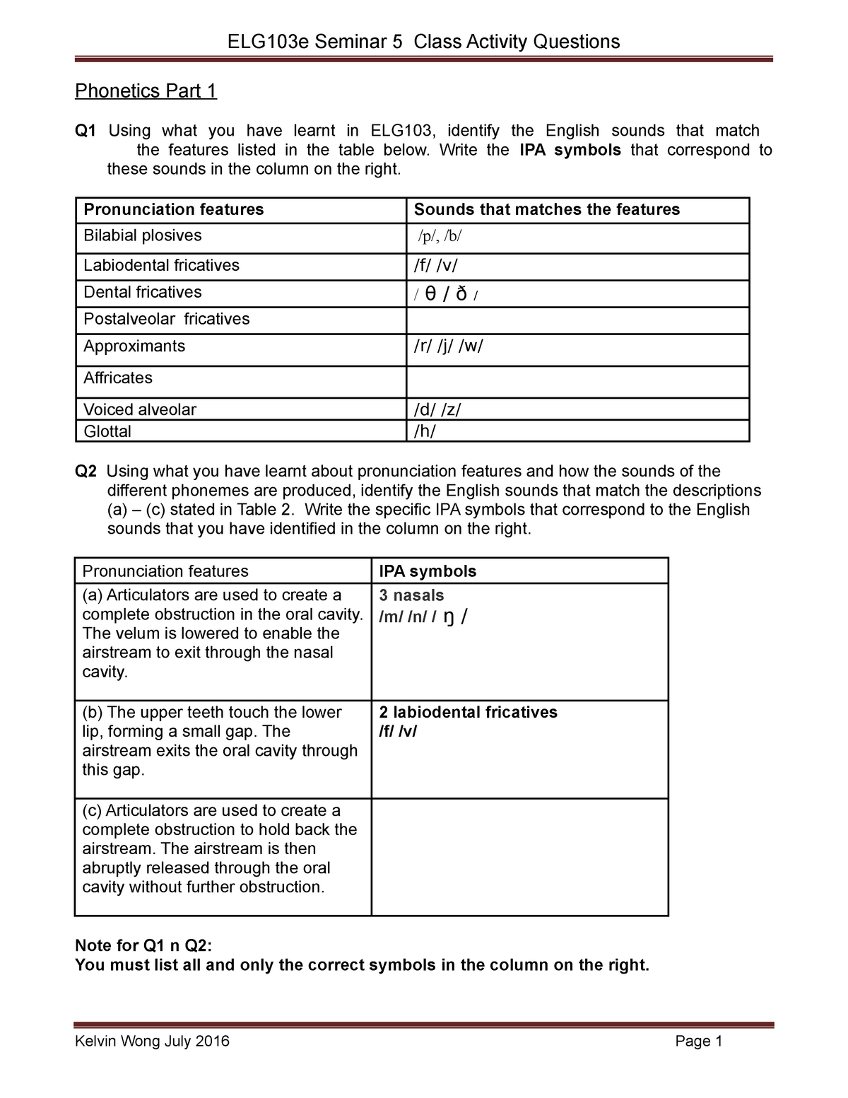 1b ELG 103e Sem 5 Activity Worksheets - ELG103e Seminar 5 Class ...