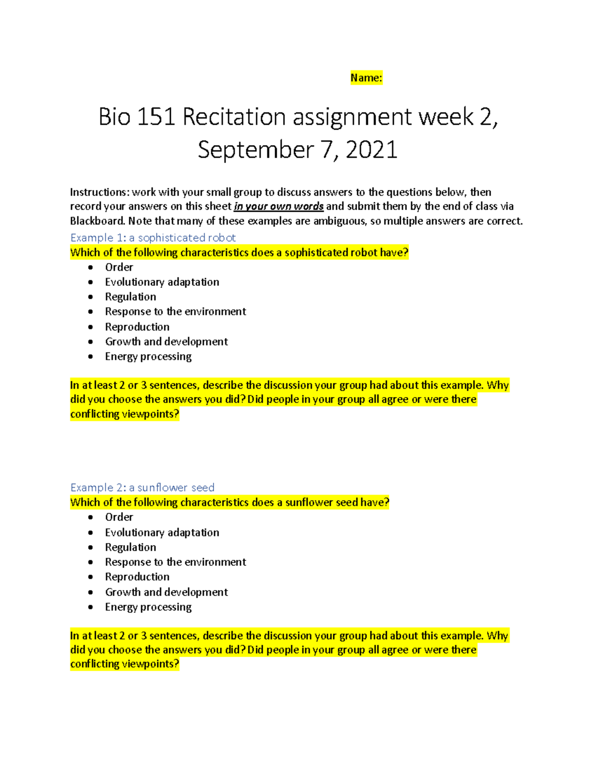 Week 2 Recitation Student Handout - Name: Bio 151 Recitation Assignment ...