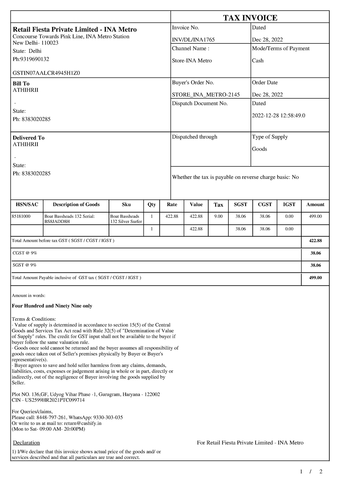 Invoice INV DL INA1765 - Class - 1 / 2 TAX INVOICE Retail Fiesta ...