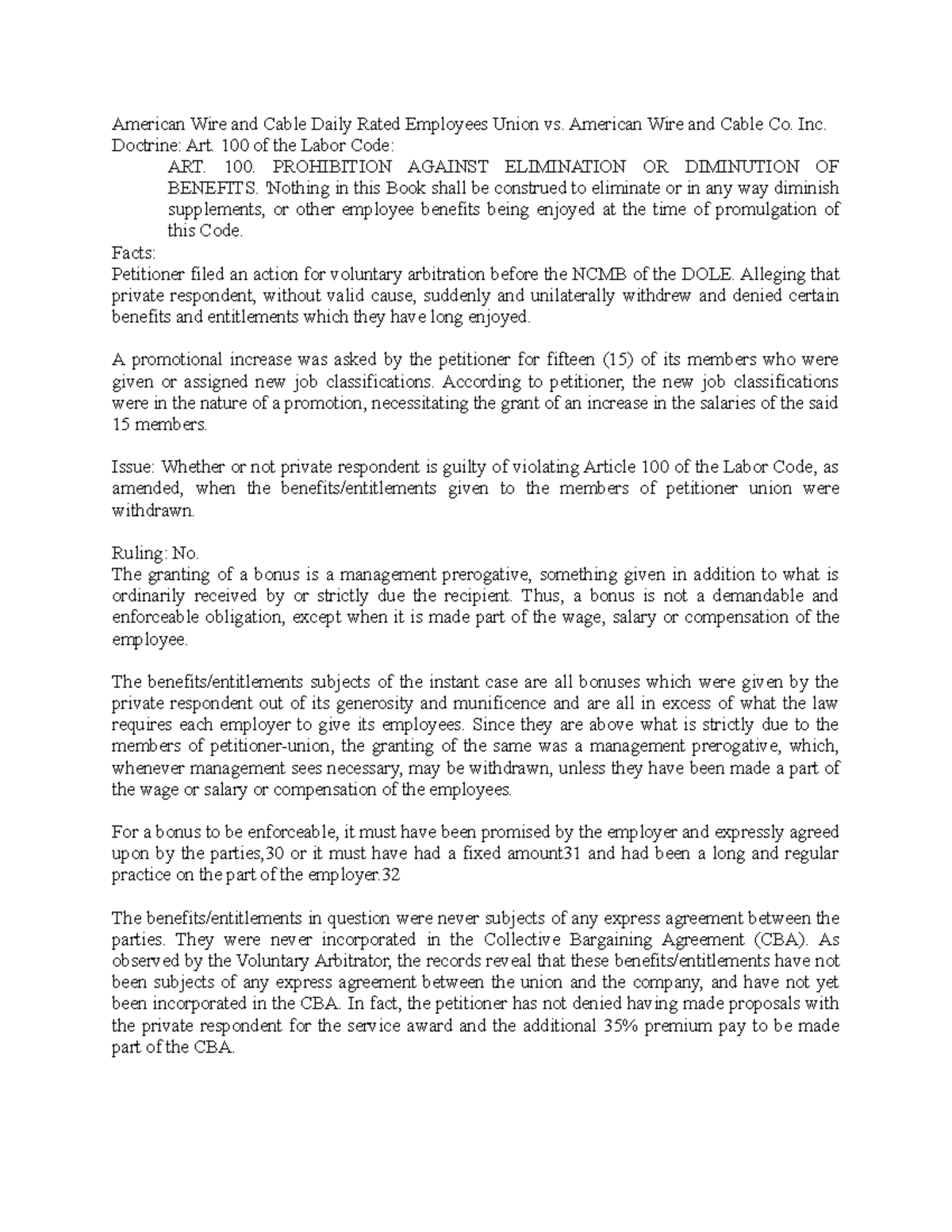 American Wire and Cable Daily Rated Employees Union vs. American Wire