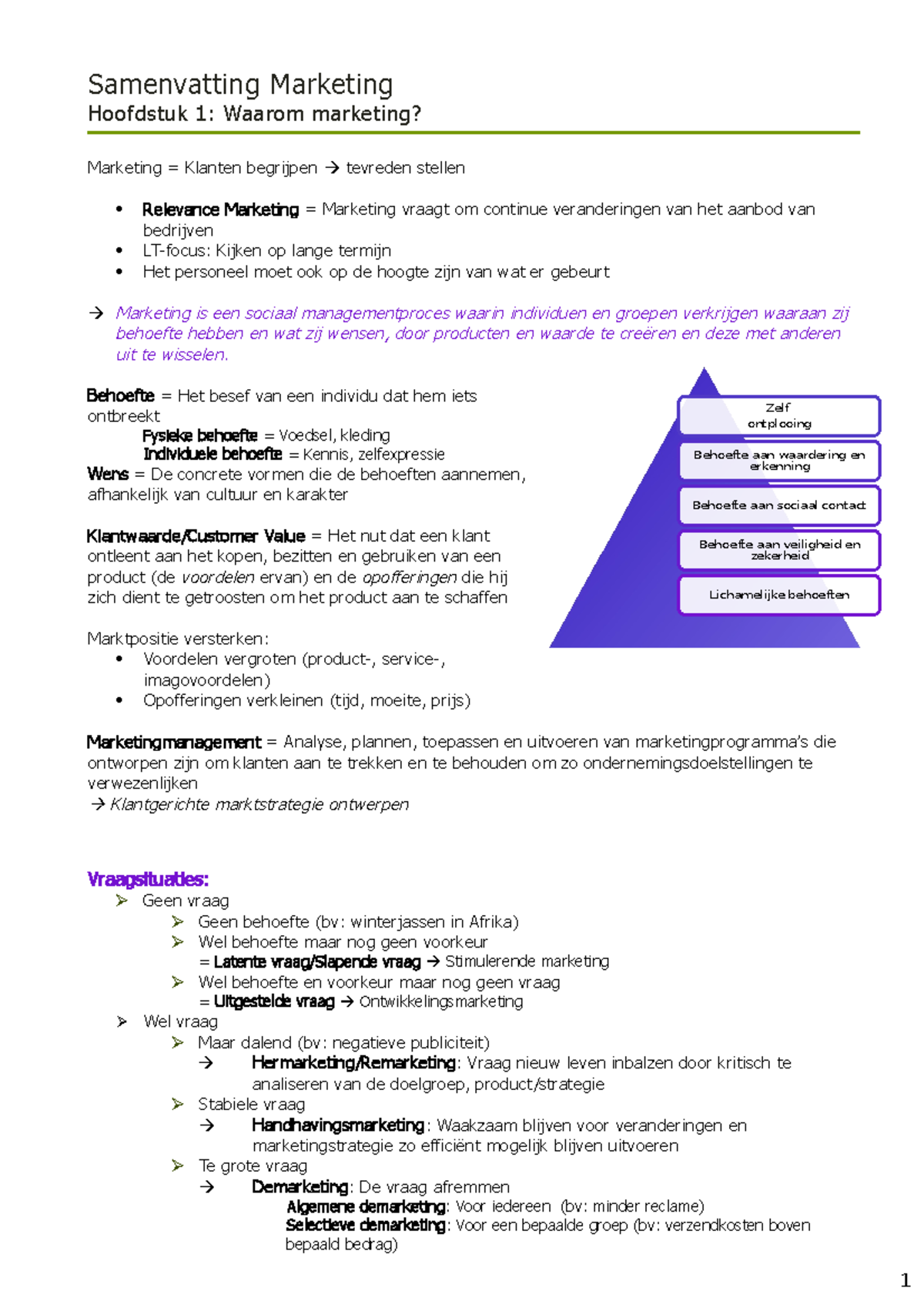 Marketing 1 - Samenvatting Marketing Hoofdstuk 1: Waarom Marketing ...