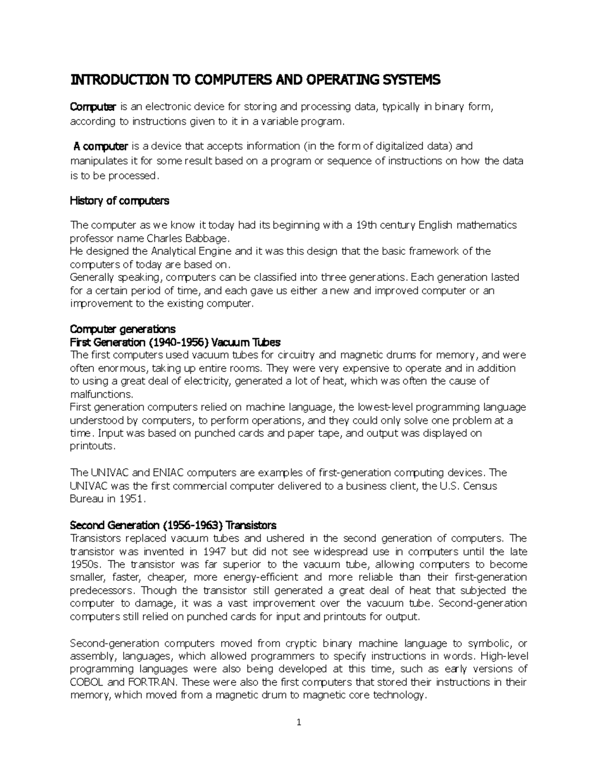 CF FULL Notes - well - INTRODUCTION TO COMPUTERS AND OPERATING SYSTEMS ...