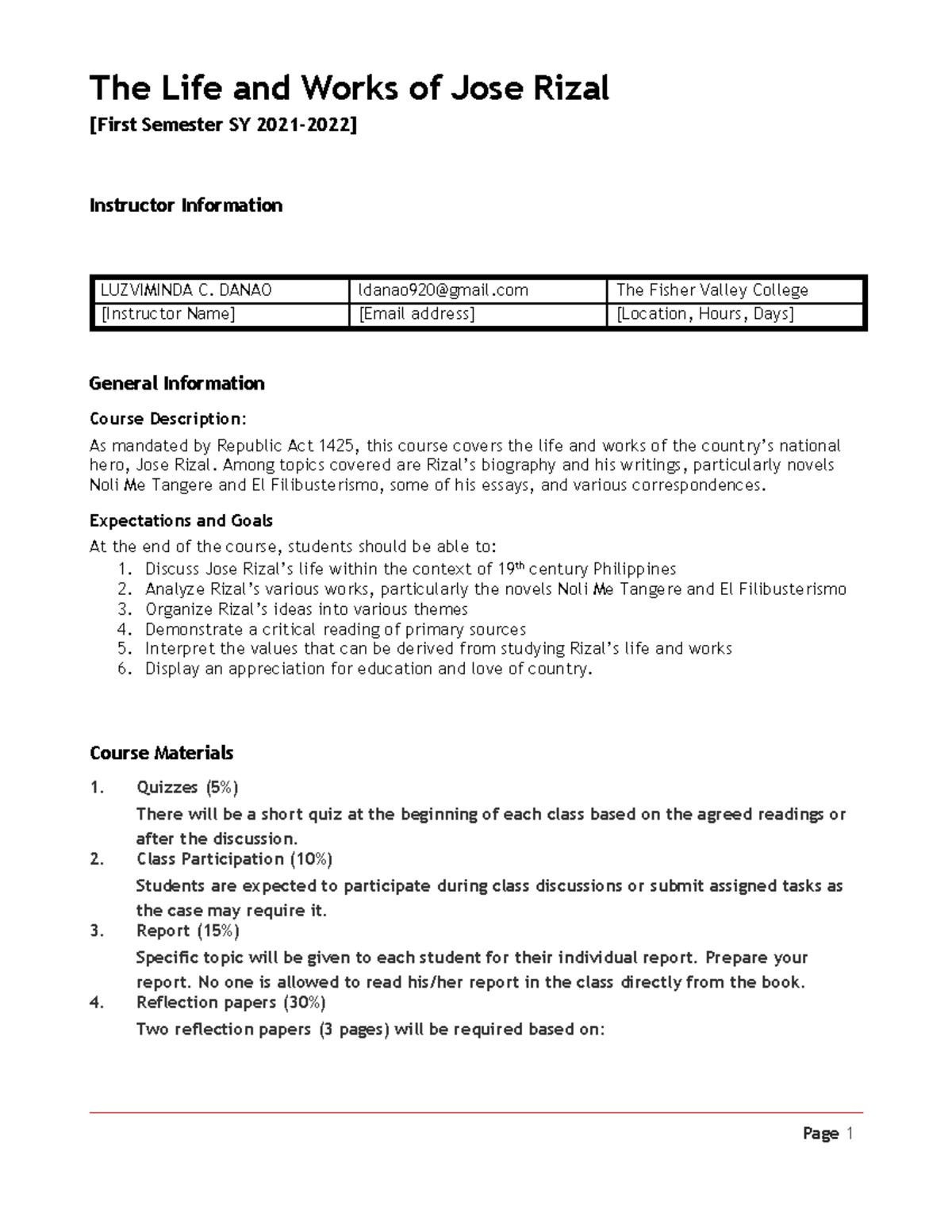 522649514 Syllabus for Rizal Life Works - The Life and Works of Jose ...